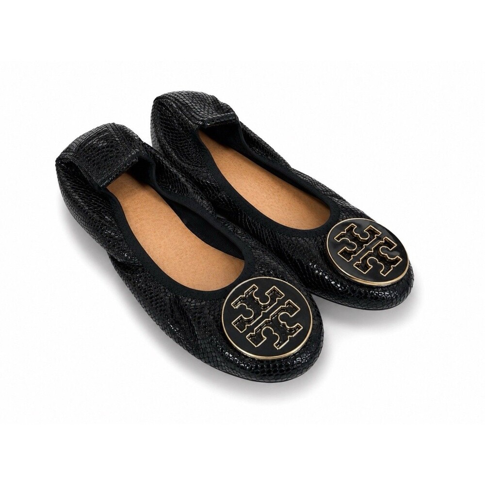Tory Burch Reva Black Embossed Leather Ballet Flats Logo Medallion Sz 5ю
